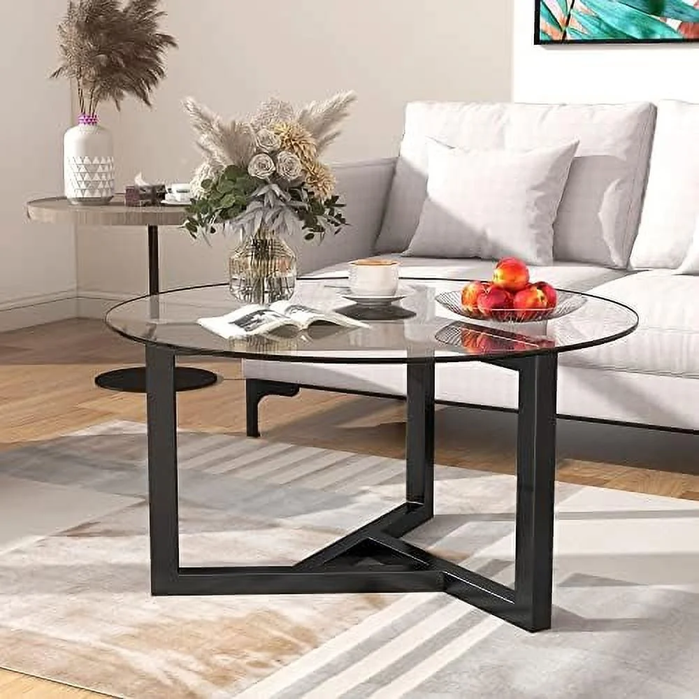 SJOINGB Round Coffee Table 35" Contemporary Cocktail Table with Tempered Glass Top and Sturdy Wood Base (Natural)