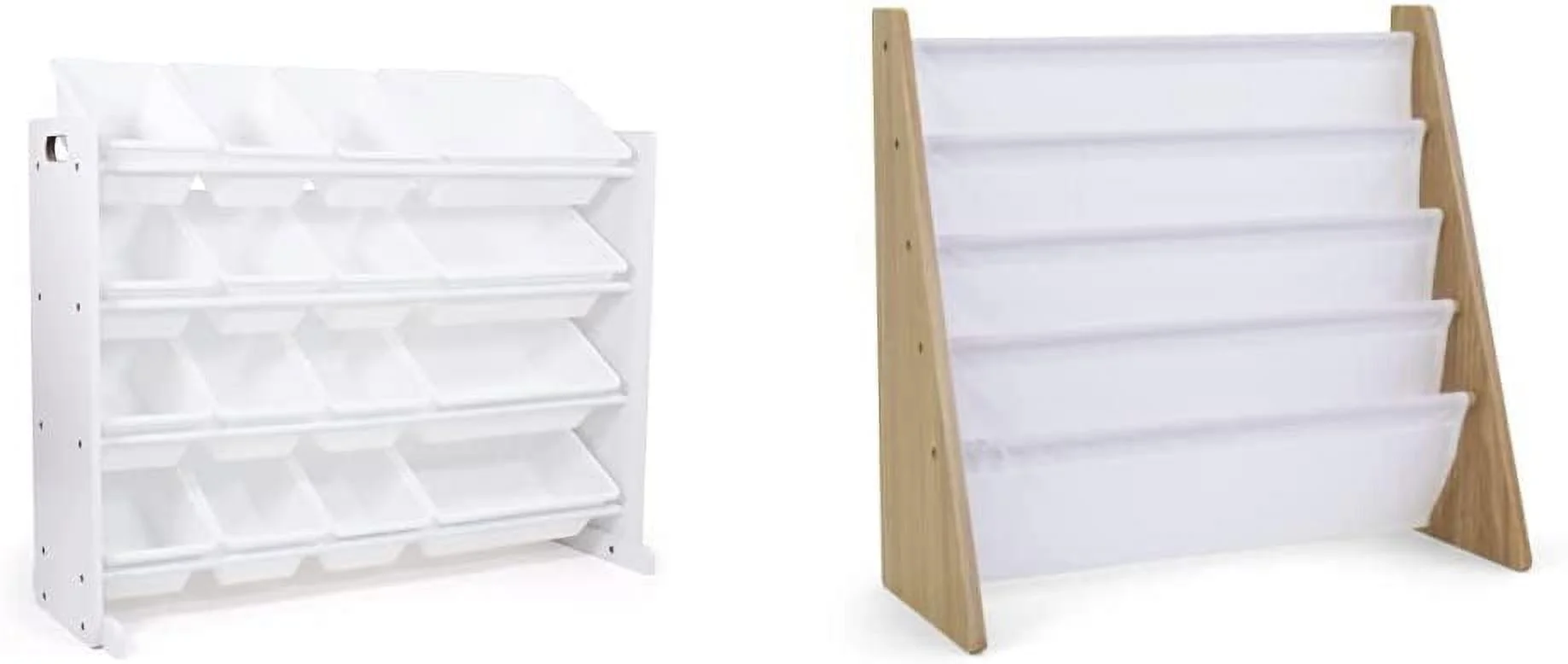 YANRUI Extra-Large Toy Organizer, 16 Storage Bins, White/White & Natural/White Kids Book Rack Storage Bookshelf with Deep Sleeves, Universal