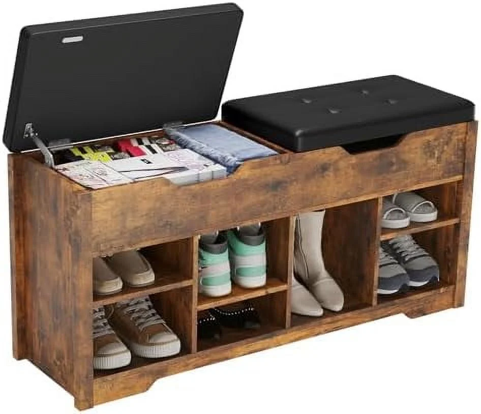 SJUIONG Shoe  Bench for Entryway  Cubby  Organizer Bench with Cushion Seat  Shoe Rack with 8 Adjustable Shelves Wide Cubbies and 2 Lift Top  Boxes  Accent Brown