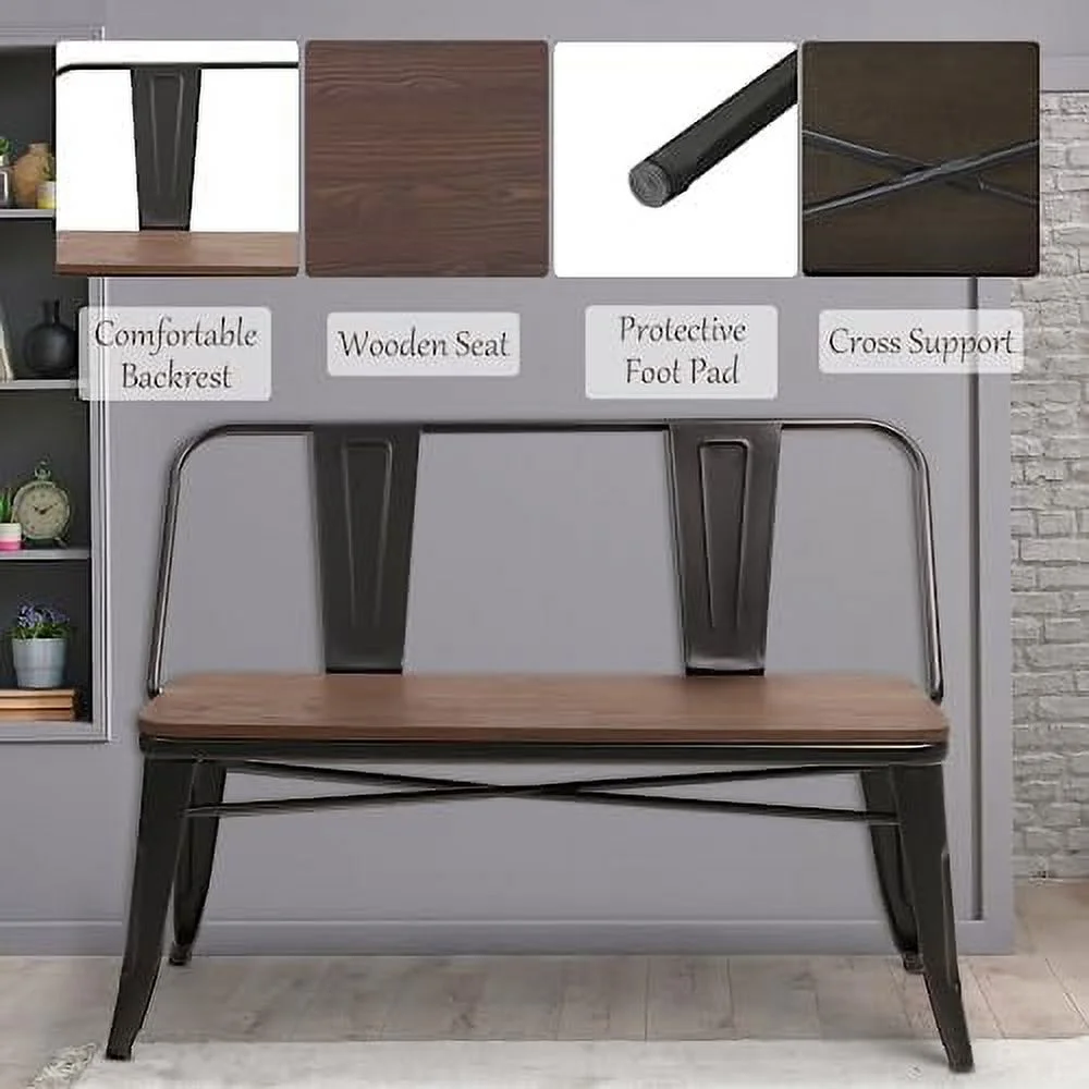 HYHBIBOOM Dining Bench  Entryway Bench with Back  Farmhouse Metal Dining Bench  Industrial Mid-Century 3 Person Rustic Spindle Bench  with Wood Seat  Removable Backrest  42in  Bronze