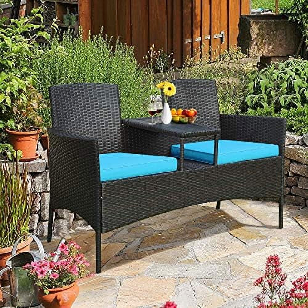 JDZHAPPYLIFE Outdoor Patio Loveseat  Wicker Conversation Set with Cushions and Built-in Coffee Table  2 Person Rattan Seating for Garden Lawn Backyard  Dark Brown+Red