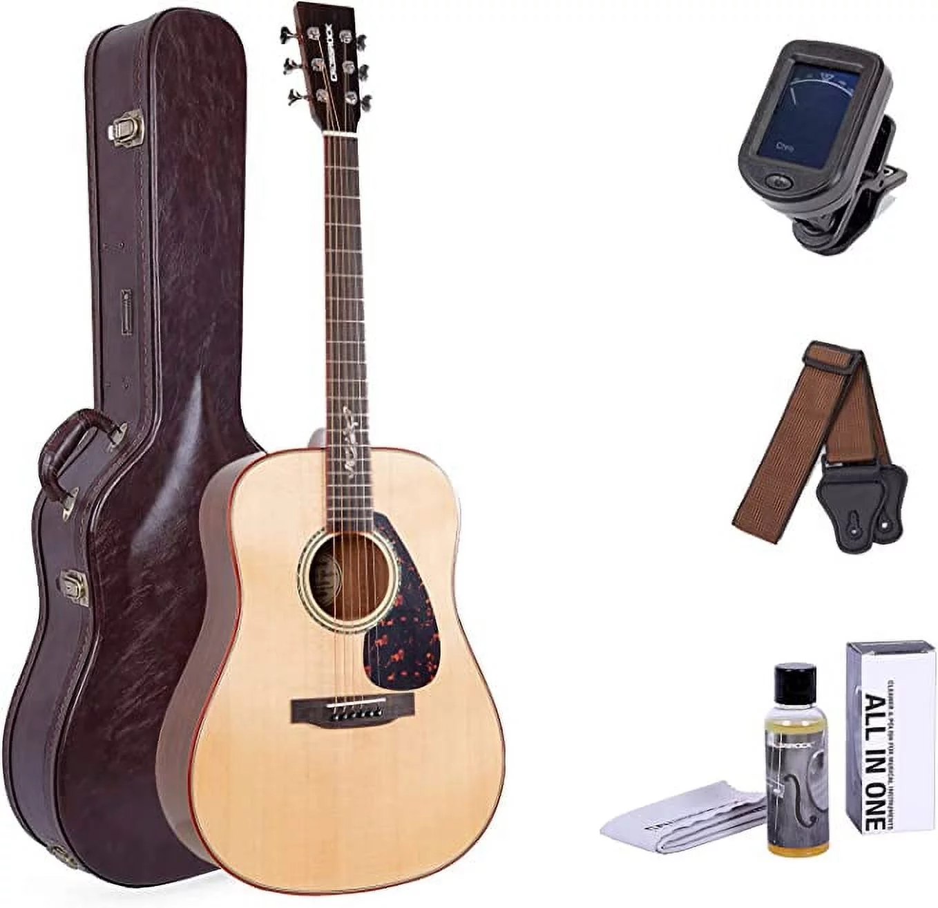 Crossrock 6 String Acoustic, Premium Spruce Solid Top Dreadnought Guitar with Deluxe Brown Hard Case(CRAG-DF500BR), Right, Bundle