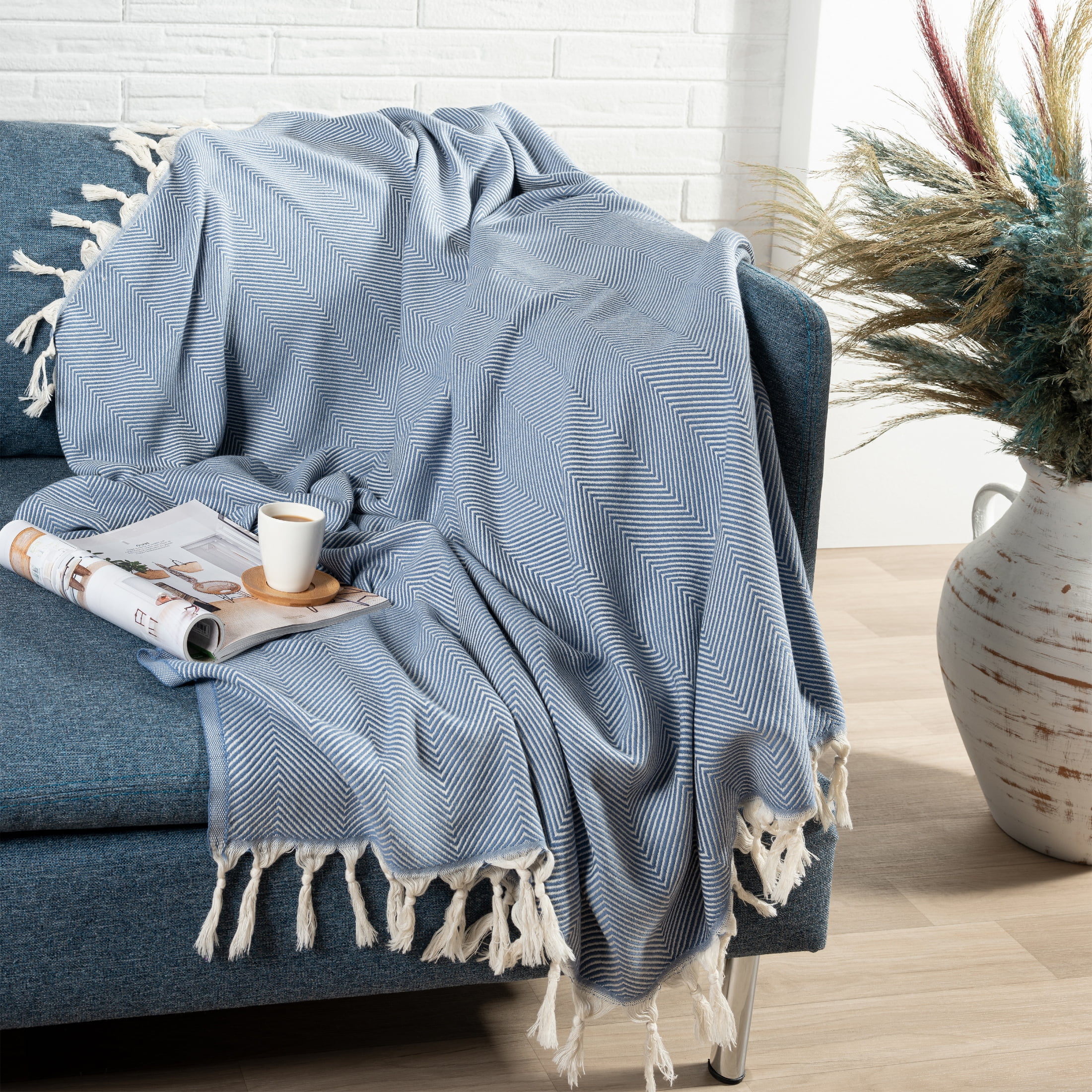Ox Bay Faded Blue/ Cream Herringbone Turkish Organic Cotton Throw Blanket, 50