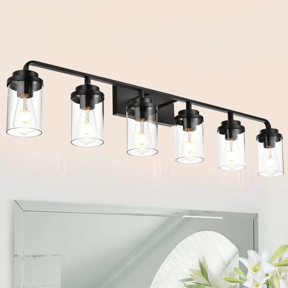 LIANMEI 6 Light Wall Vanity Light Clear Glass Wall Sconce Industrial Black Bathroom Light Fixture Over Mirror Modern Bath Lighting Indoor Farmhouse Sconces Wall Mount Lamp for Kitchen Workshop