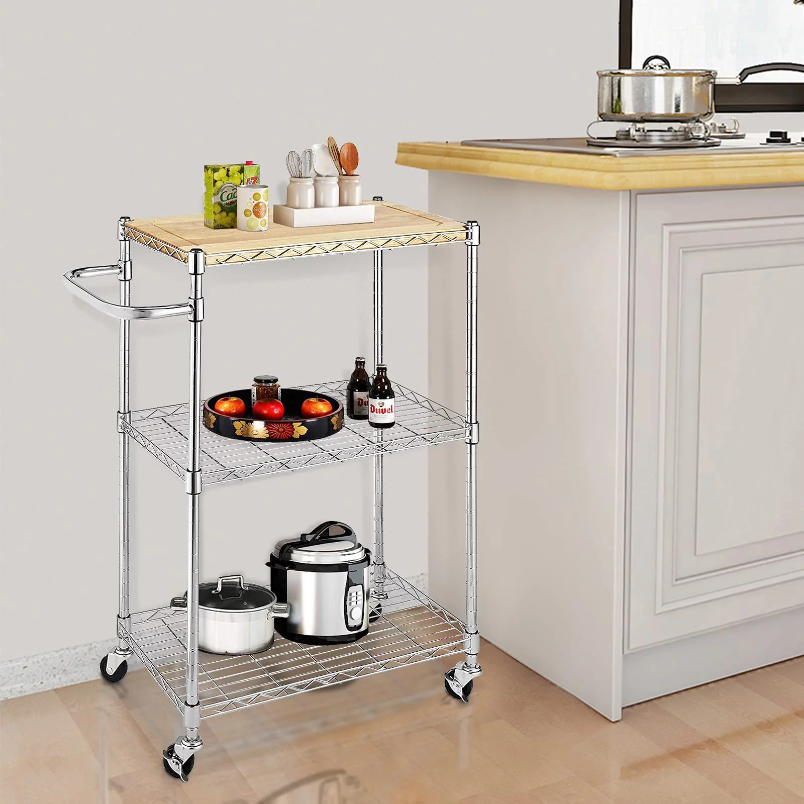 Kitchen Microwave Cart on Wheels, Wire Rolling Cart with Handle Bar, 3 Tier Bakers Rack with Wood Table, Height Adjustable Shelves, 24L x 14W x 33.5H Inches, Chrome/Wood