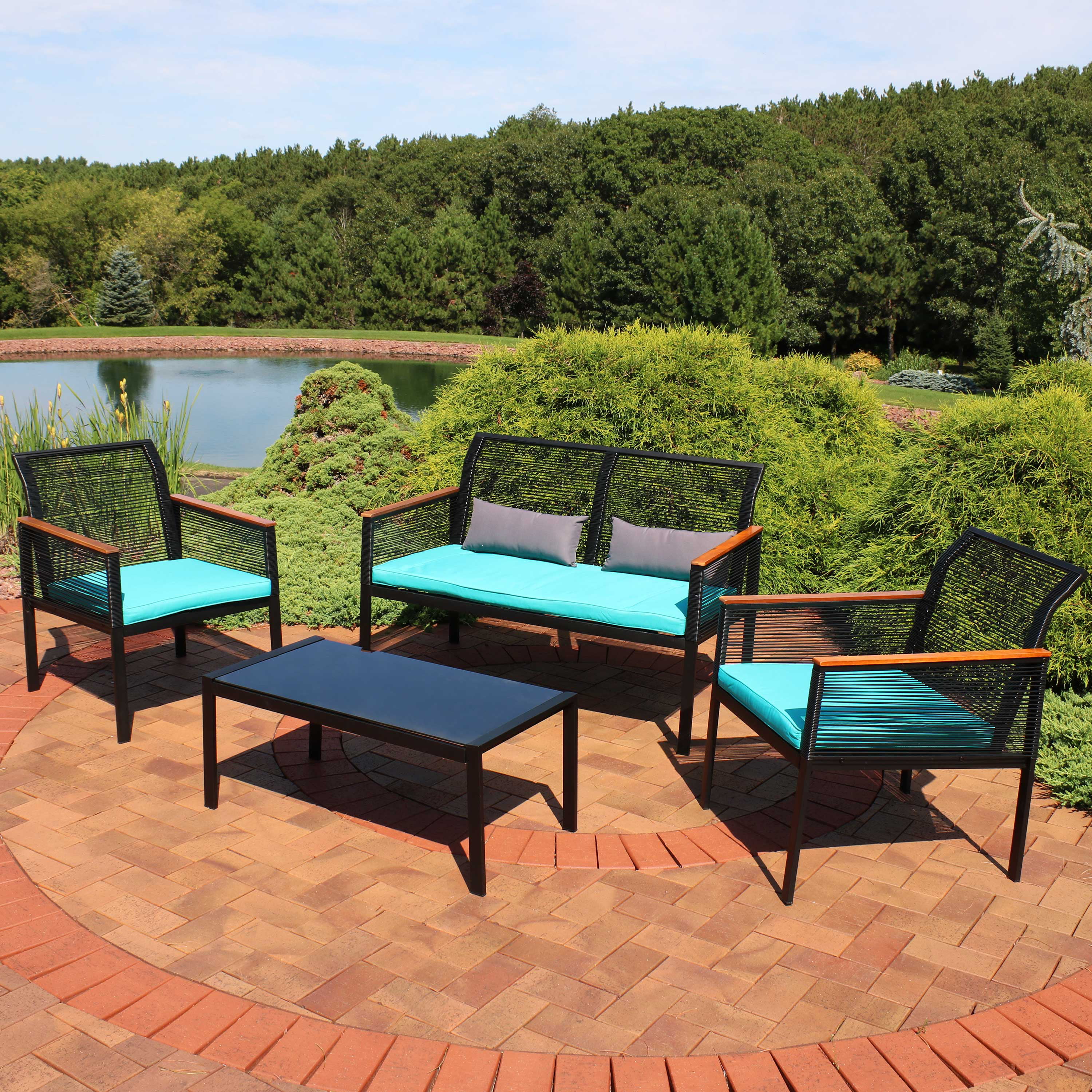 Sunnydaze Coachford 4-Piece Black Resin Rattan Outdoor Patio Furniture Set - Blue Cushions