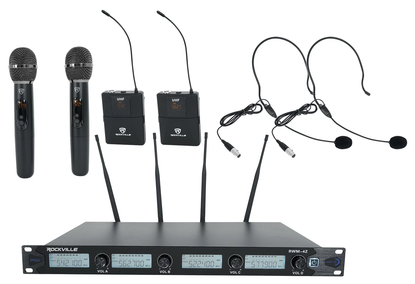 Rockville RWM-4Z Quad Wireless UHF Handheld/Headset Microphone System 20 Channel
