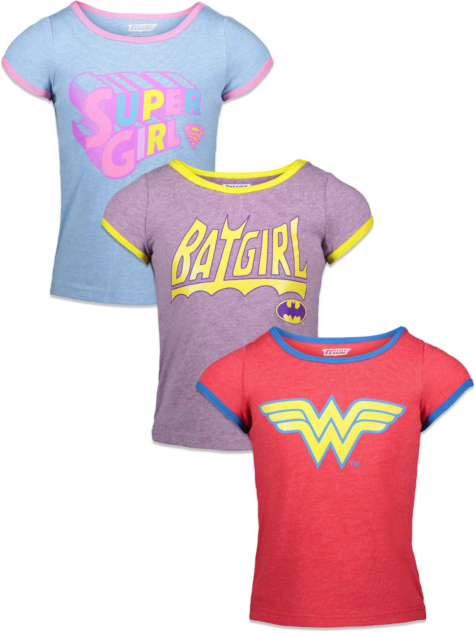 DC Comics Justice League Wonder Woman Super Girl Batgirl Big Girls 3 Pack T-Shirts Toddler to Big Kid
