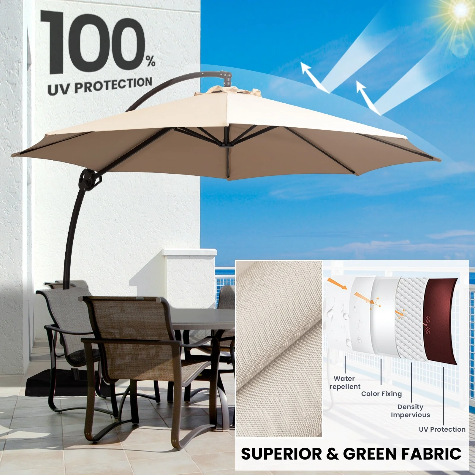 MEJO INC 10 ft.Aluminum Curvy Cantilever Offset Hanging Patio Umbrella With Sandbag Base Taupe