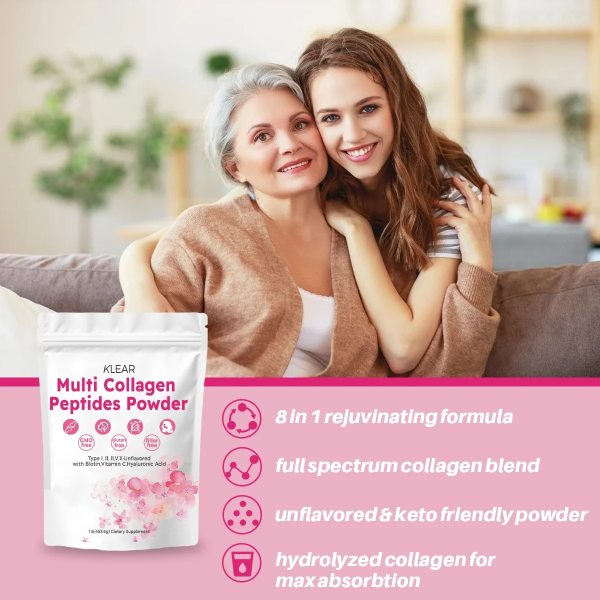 Multi Collagen Peptides Powder,  1 LB- Hydrolyzed Protein Peptides | Type I,II,III,V,X with Hyaluronic Acid, Biotin 10,000mcg & Vitamin C - Unflavored