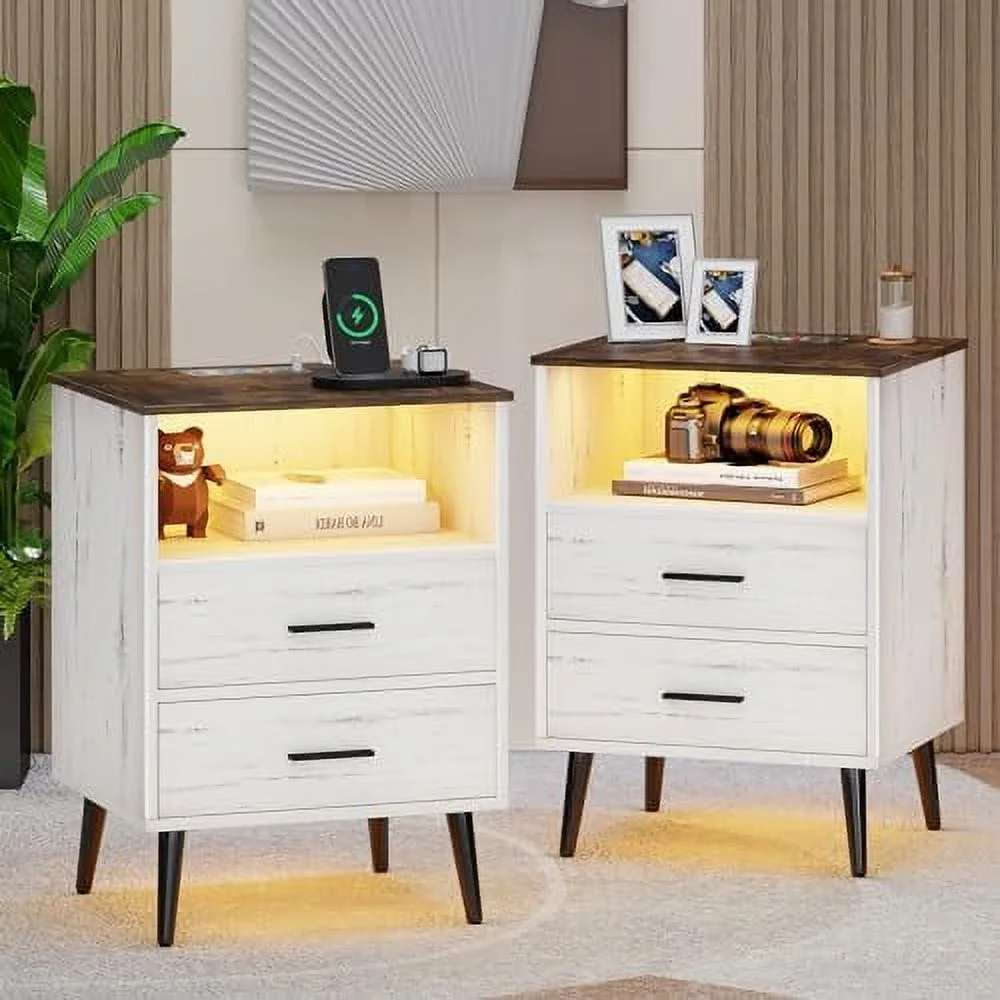 GEROBOOM Night Stand Set 2 with Charging Station  Smart Nightstand with LED Light  Wood Bedside Table with 2 Drawers and   Modern End Table for Bedroom/Livingroom  Black