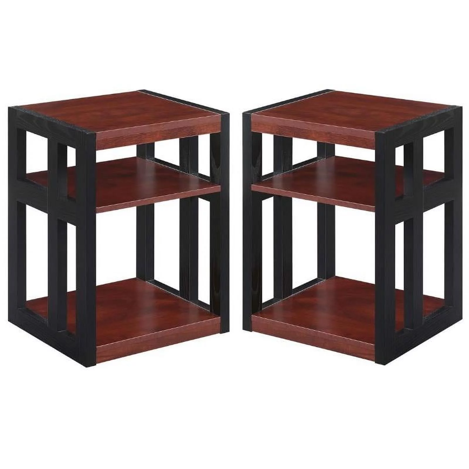 Home Square End Table with Shelves in Warm Cherry Wood Finish - Set of 2