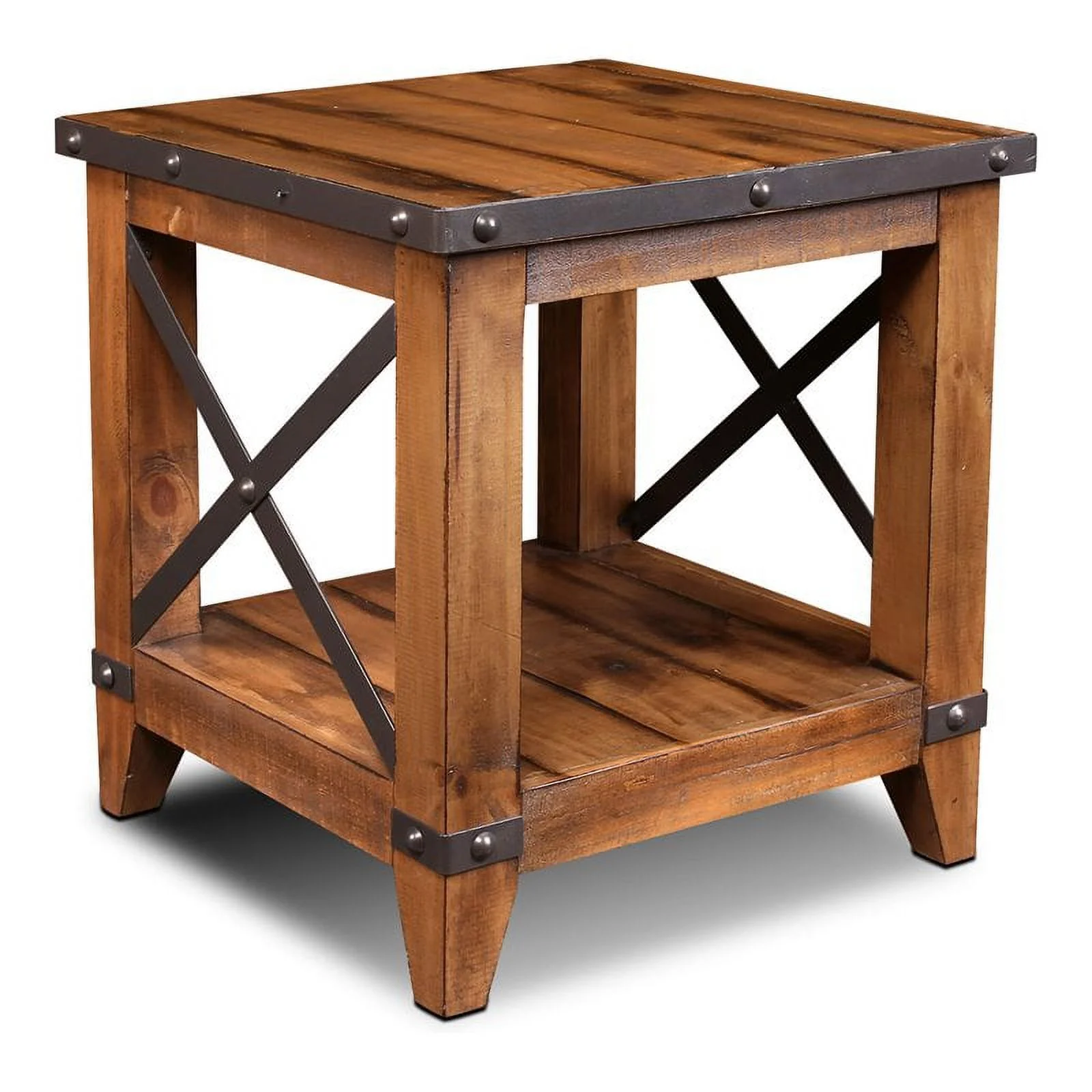 Home Square Contemporary Wood End Table with Shelf in Oak - Set of 2