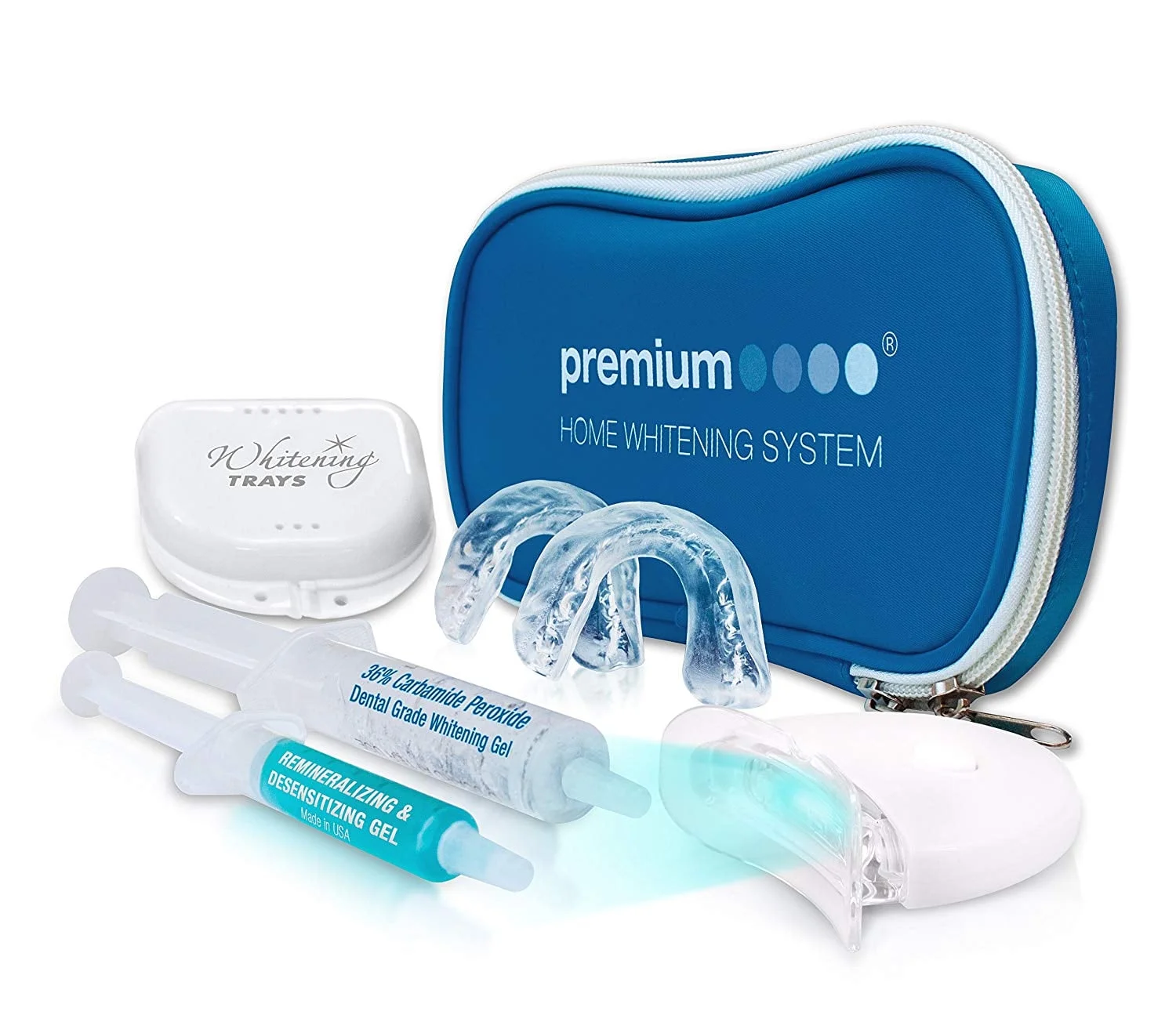 Pristine White Whitening Gel Kit, minty menthol flavor, 10ml 36% Carbamide Peroxide & 3 ml Syringes Trays with Case & Blue Led.