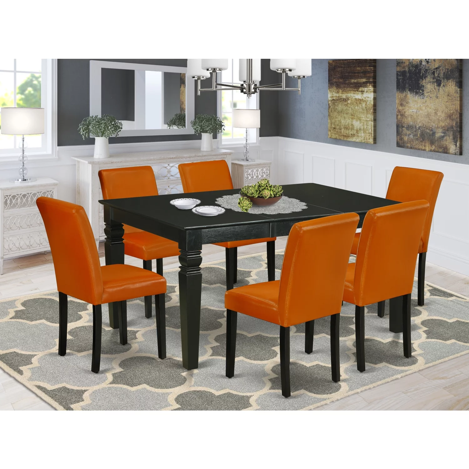 East West Furniture Weston 7-piece Wood Dining Set in Black/Baked Bean