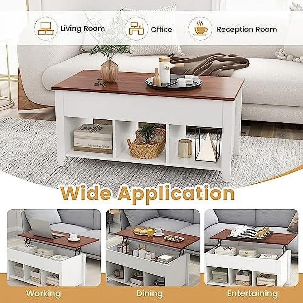 TJUNBOLIFE Lift Top Coffee Table Modern Wood Cocktail Table with Hidden Compartment and Lower  Shelves  Wooden Laptop Table Lift Tabletop Home  (White)