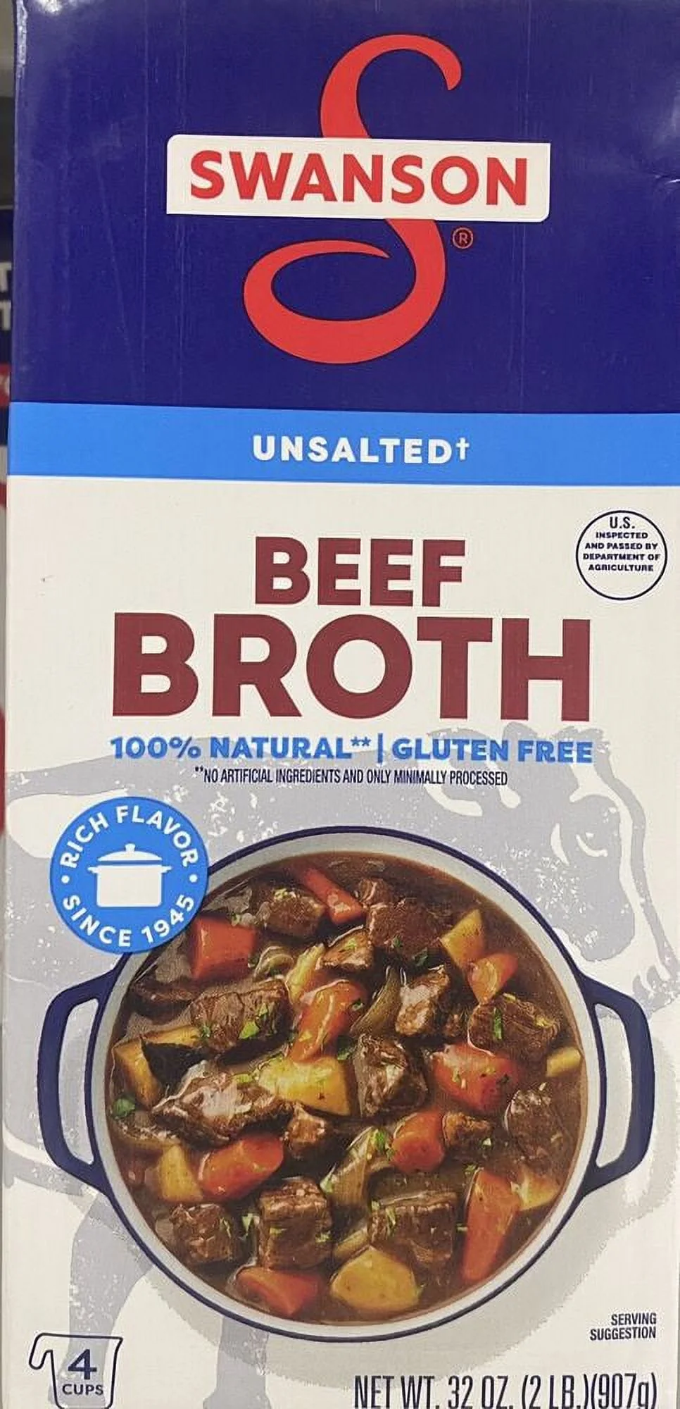 2x Beef Broth 100% Natural - UNSALTED Gluten Free 32 oz Carton - 2 PACK