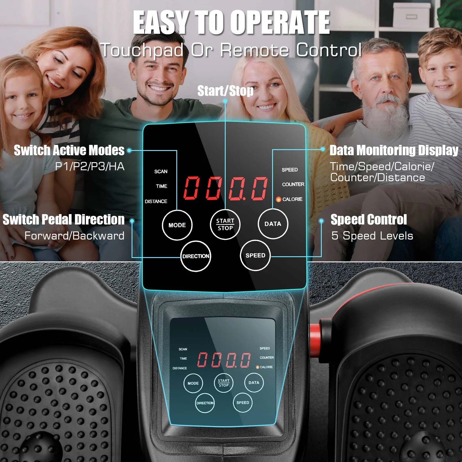 Under Desk Elliptical Machine Electric Pedal Bike Exerciser Trainer with LCD Monitor Quiet Compact Exercise Equipment for Home Office Gym