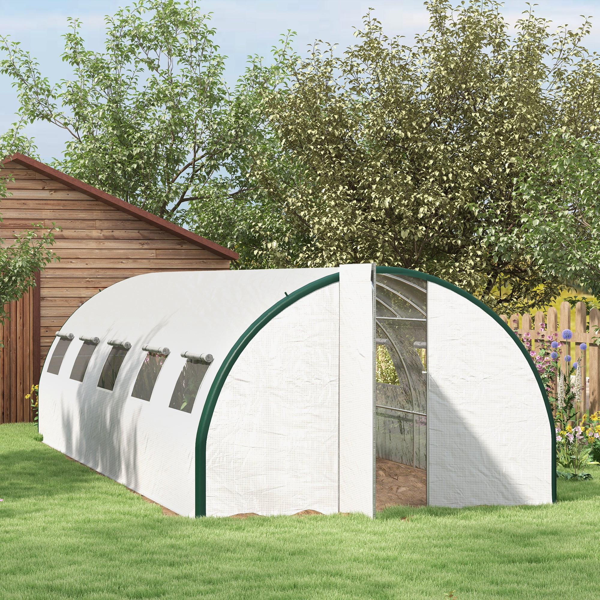 Outsunny Tunnel Greenhouse w/ Doors and Windows, White, 24.6' x 10' x 6.6'