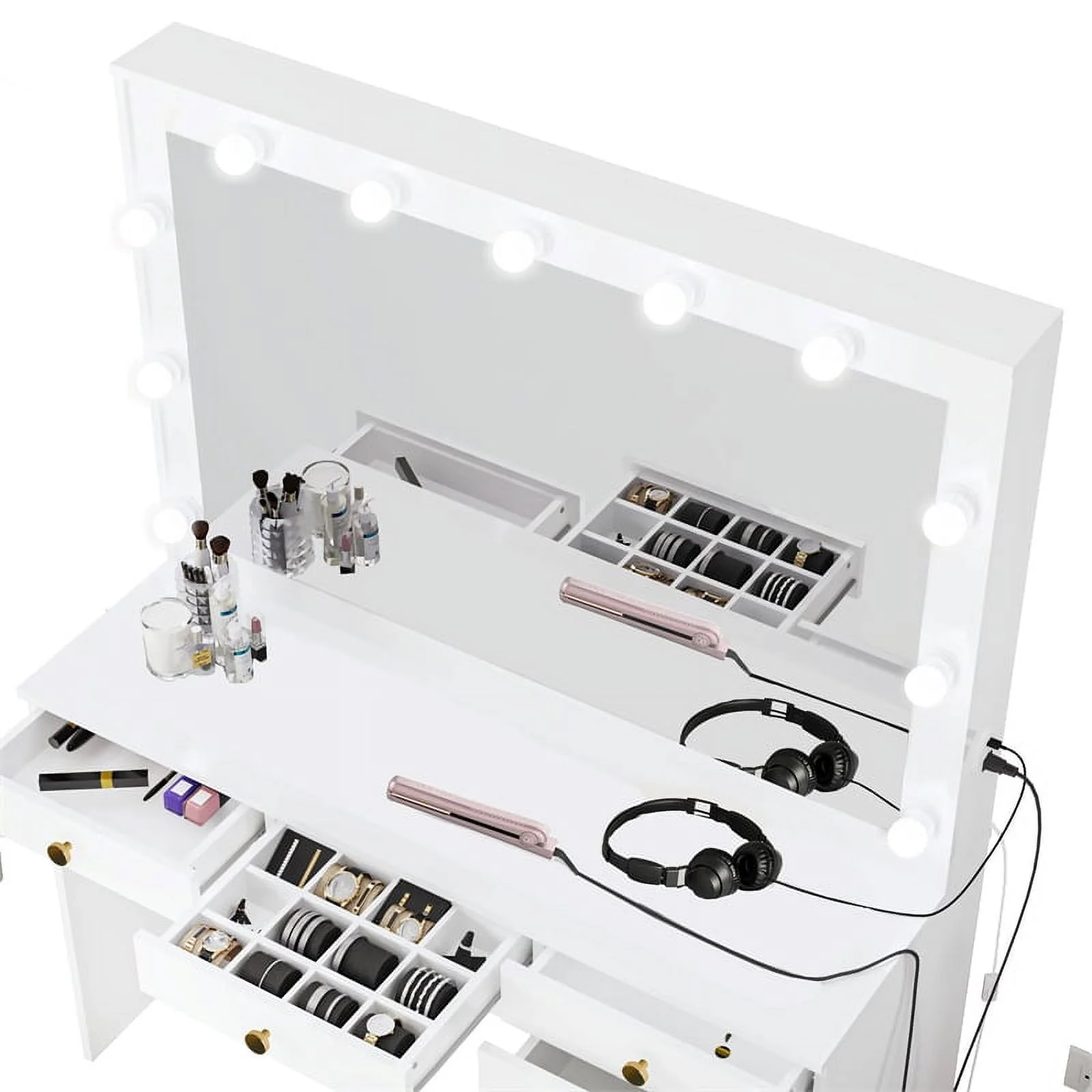 Boahaus Diana White Dressing Table Light Bulbs (Gold Knobs)