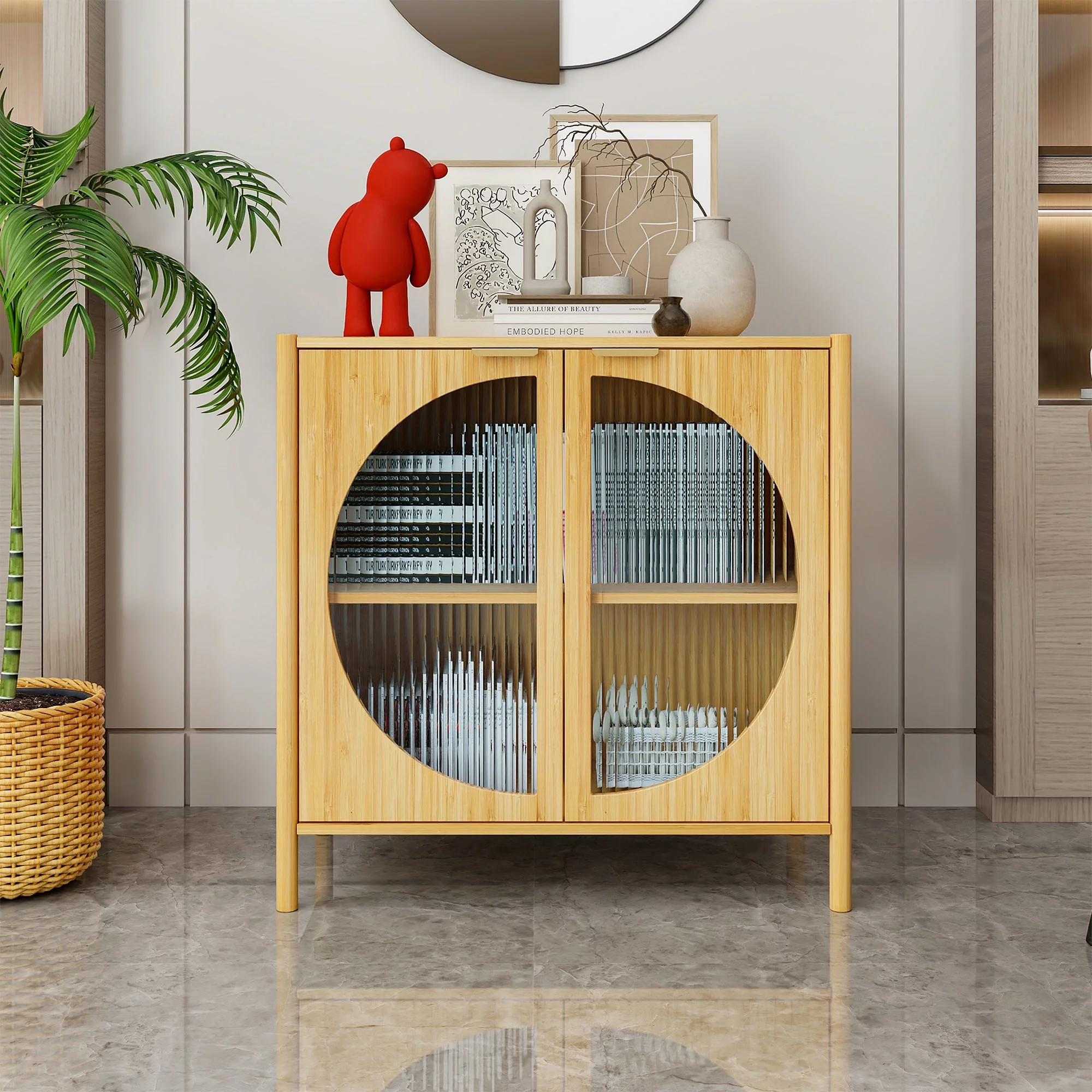 HIUU Natural Bamboo Sideboard with Glass Doors,Accent Cabinets,Small Living Room Cabinets,Buffet Cabinets