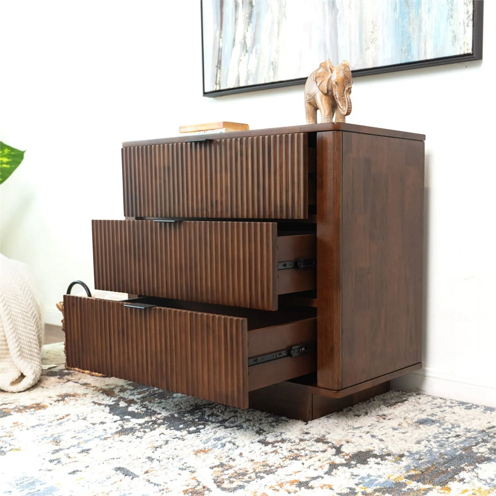 Carla Mid Century Modern Solid Wood Walnut Nightstand with 3 Drawers