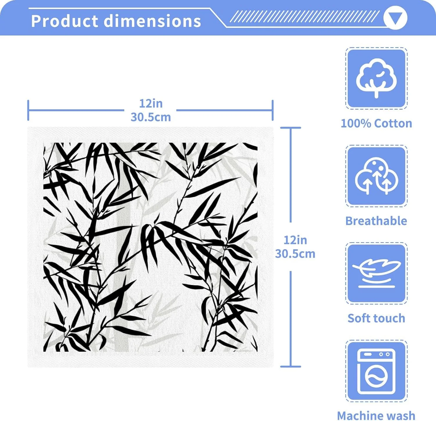 GZHJMY Black Bamboo Leaves Washcloth Set of 4 Pcs 100% Cotton Small Face Towel, 12 x 12 inch