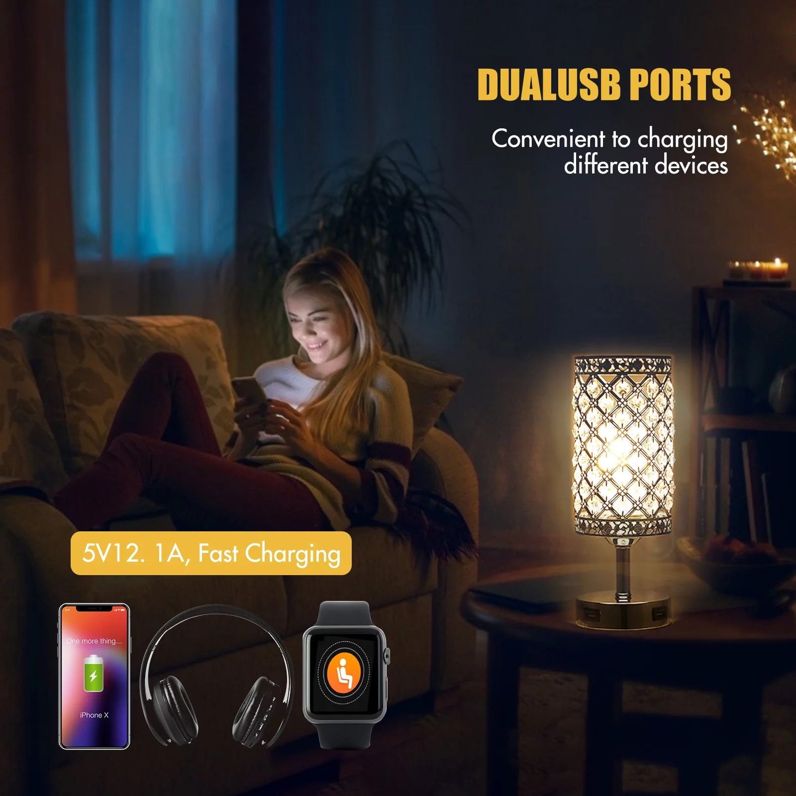 moobody Crystal Table Night Light Beside Lamp Set of 2, Dual USB Ports & AC Port, 3 Levels Dimmable, Control, Home Bedroom Living Room Decoration