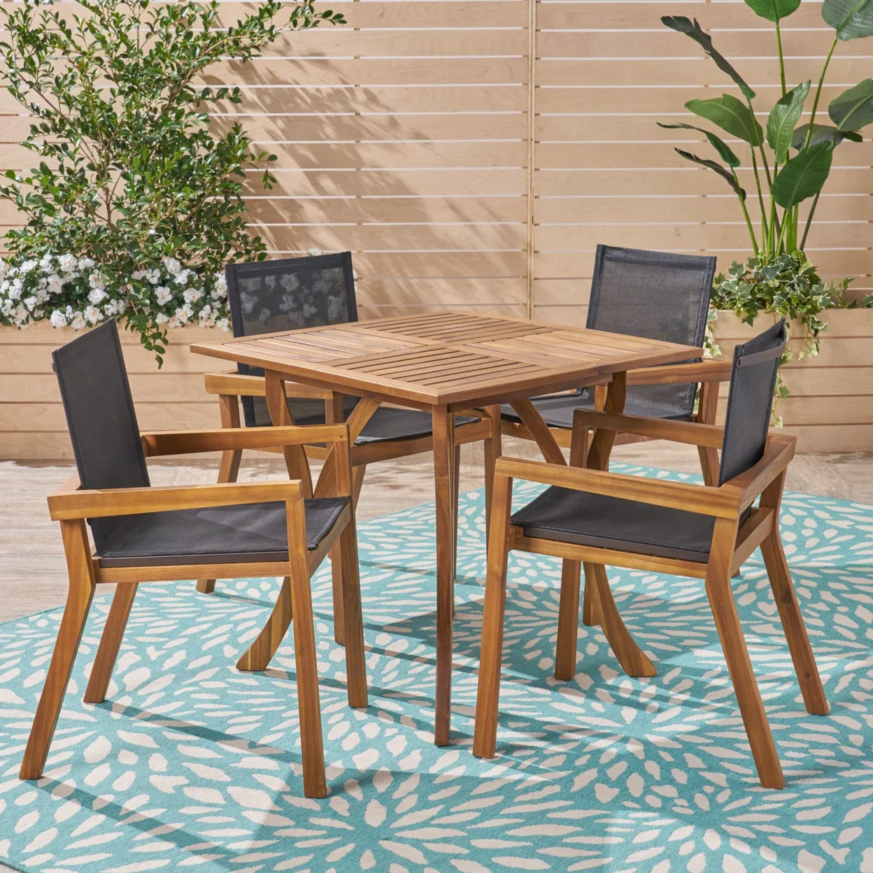 GDF Studio Grapewood Outdoor Acacia Wood and Mesh 5 Piece Dining Set, Teak and Black