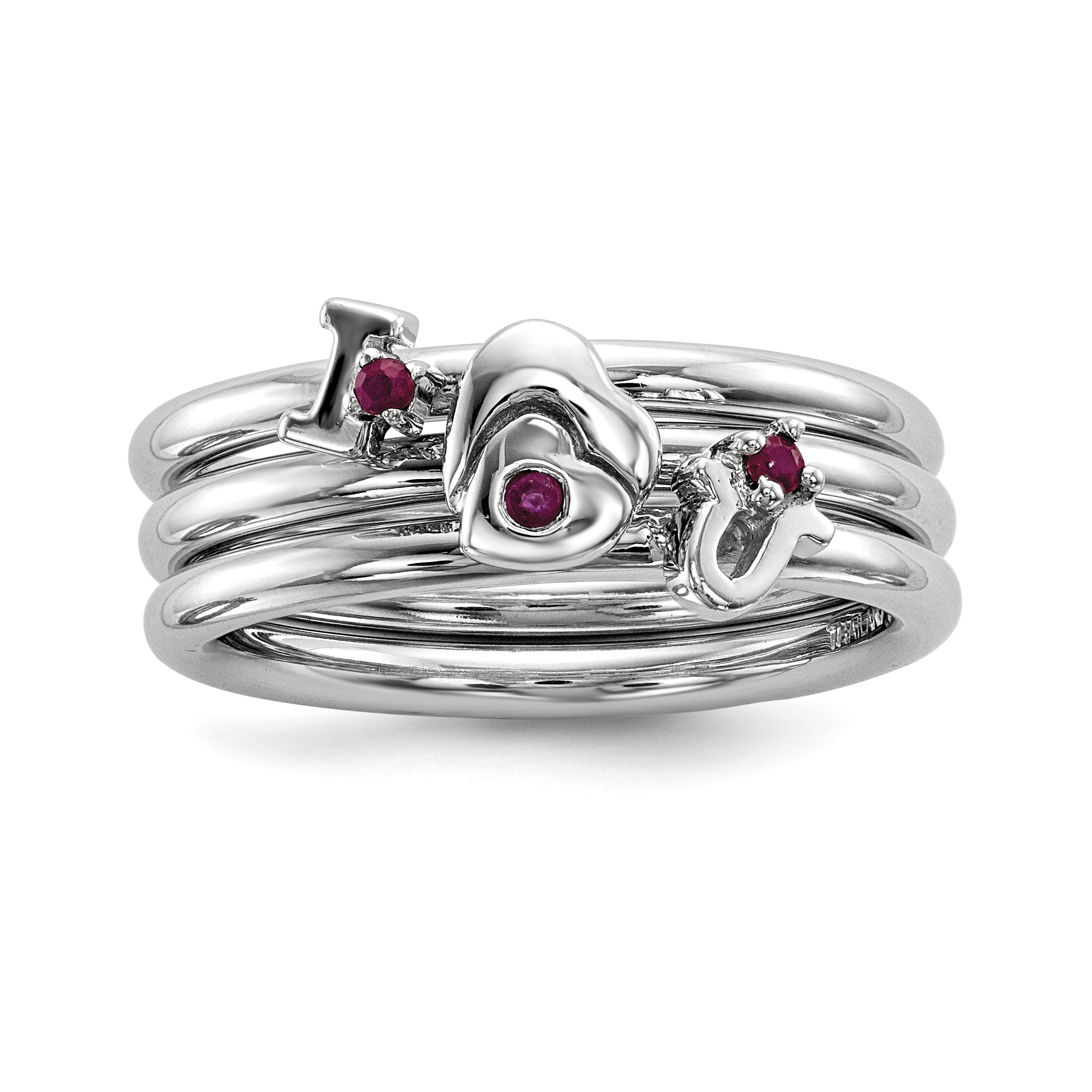 Sterling Silver Rhodium-plated Set of 3 Ruby Stacking ILOVEU Rings QR6764
