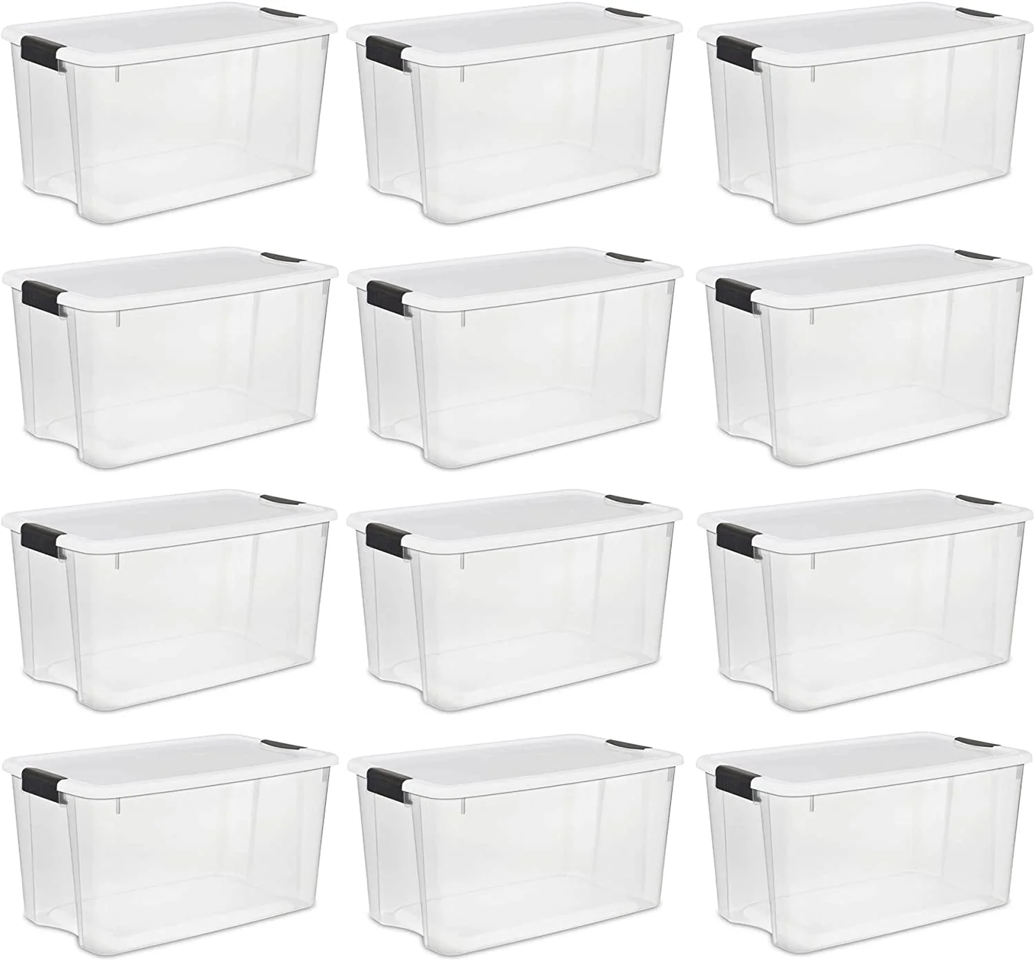 70 Quart Ultra Clear Plastic Stacking Storage Container Tote with Latching Lid for Home Organization in Garage, Attic, or Closets, 12 Pack