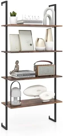 FDSHOIYN 4 Tier Modern Wall Mounted Bookshelf Rustic Brown  64" Industrial Wood Bookcase with Metal Frame  Display  Rack Organizer  Ladder  Bookcase for Living Room  Kitchen