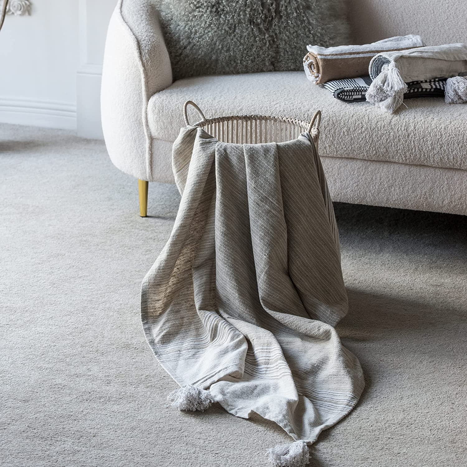 A&B Home Throw Blanket - Beige and White Stripe Woven Cotton Blend Blanket, 50