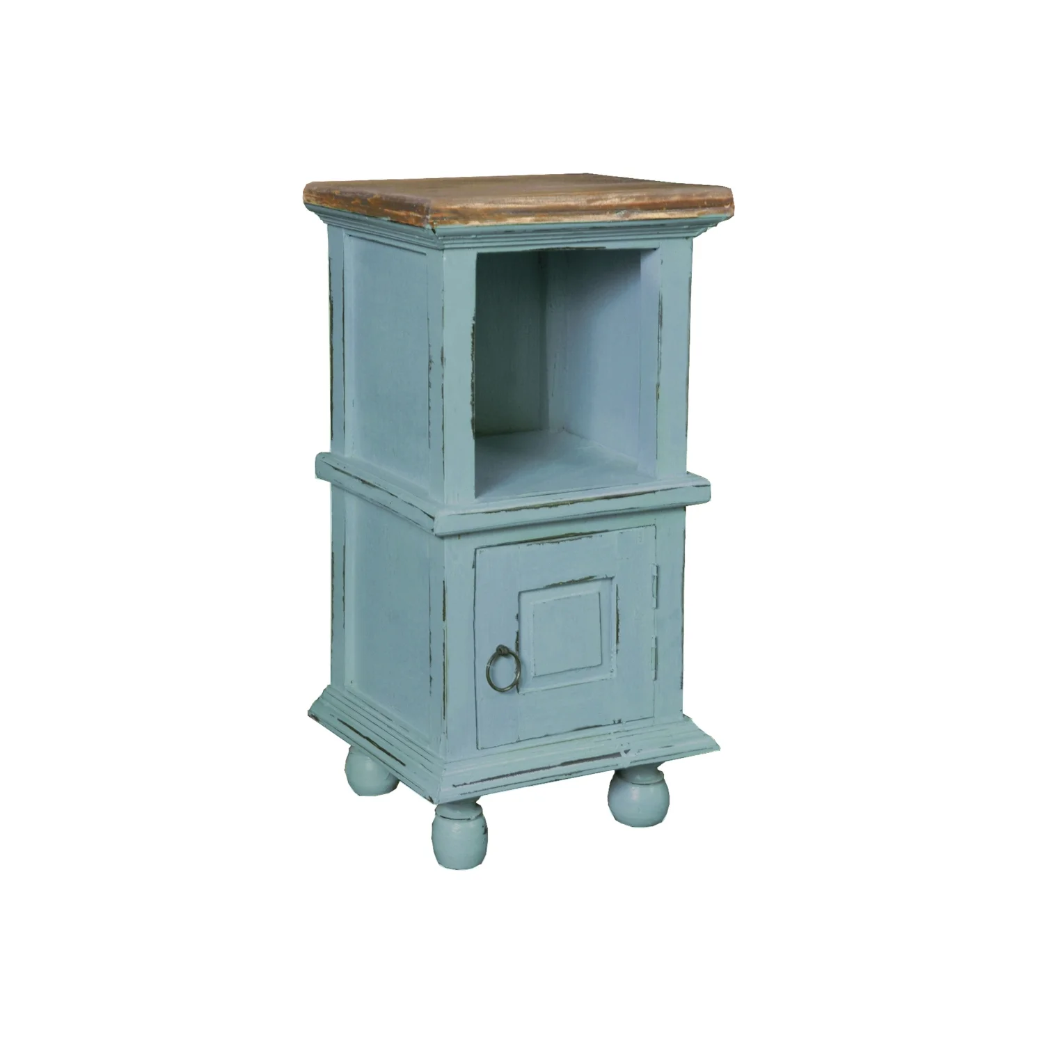 HomeStock Side End Table , Two Tone Beach Blue/Savage Brown Solid Wood , Fully Assembled