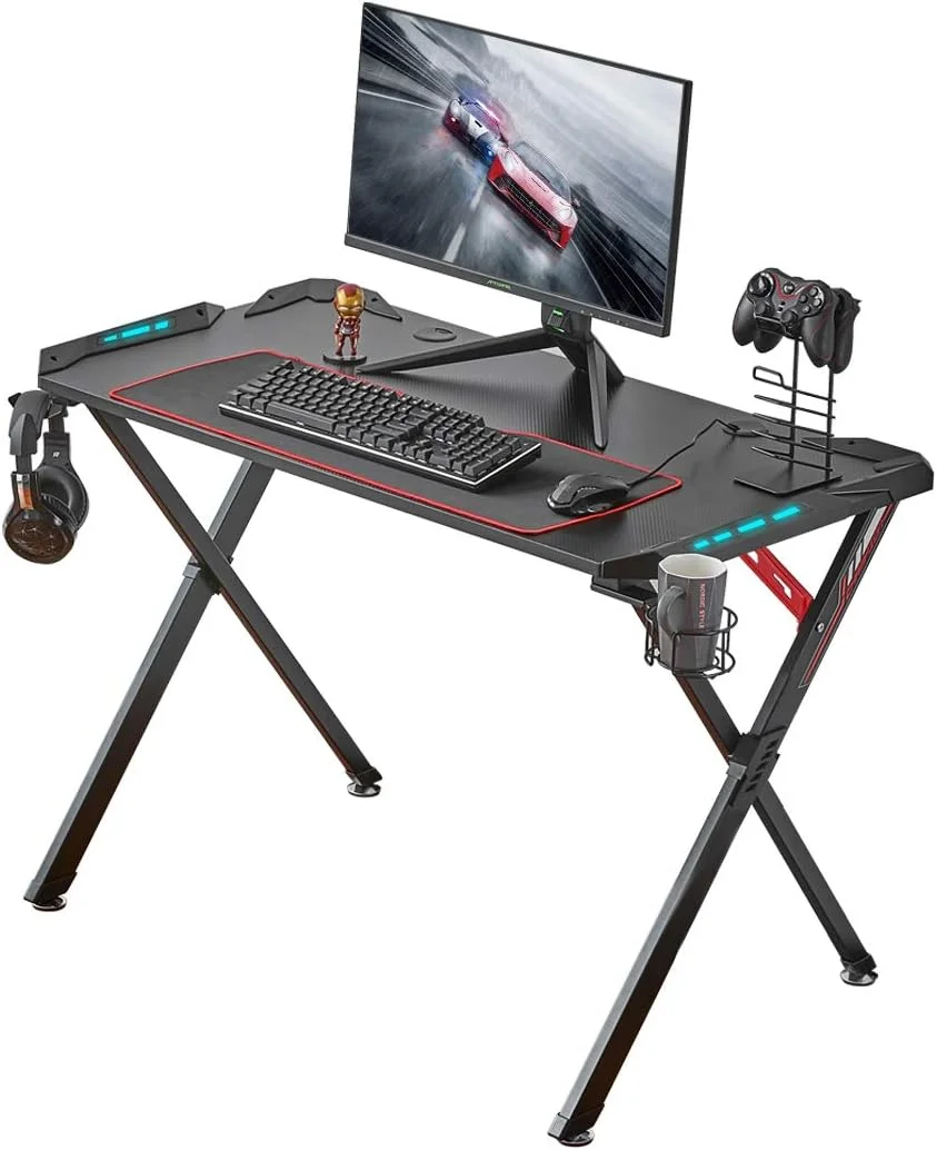 TQJKLFDY It's_Organized Spirit Series-X Gaming Desk 44.5 inch X Shaped Computer Gaming Desk Modern PC Gamer Table with LED Lights Controller Stand Cup Holder Headphone Hook Free Mouse