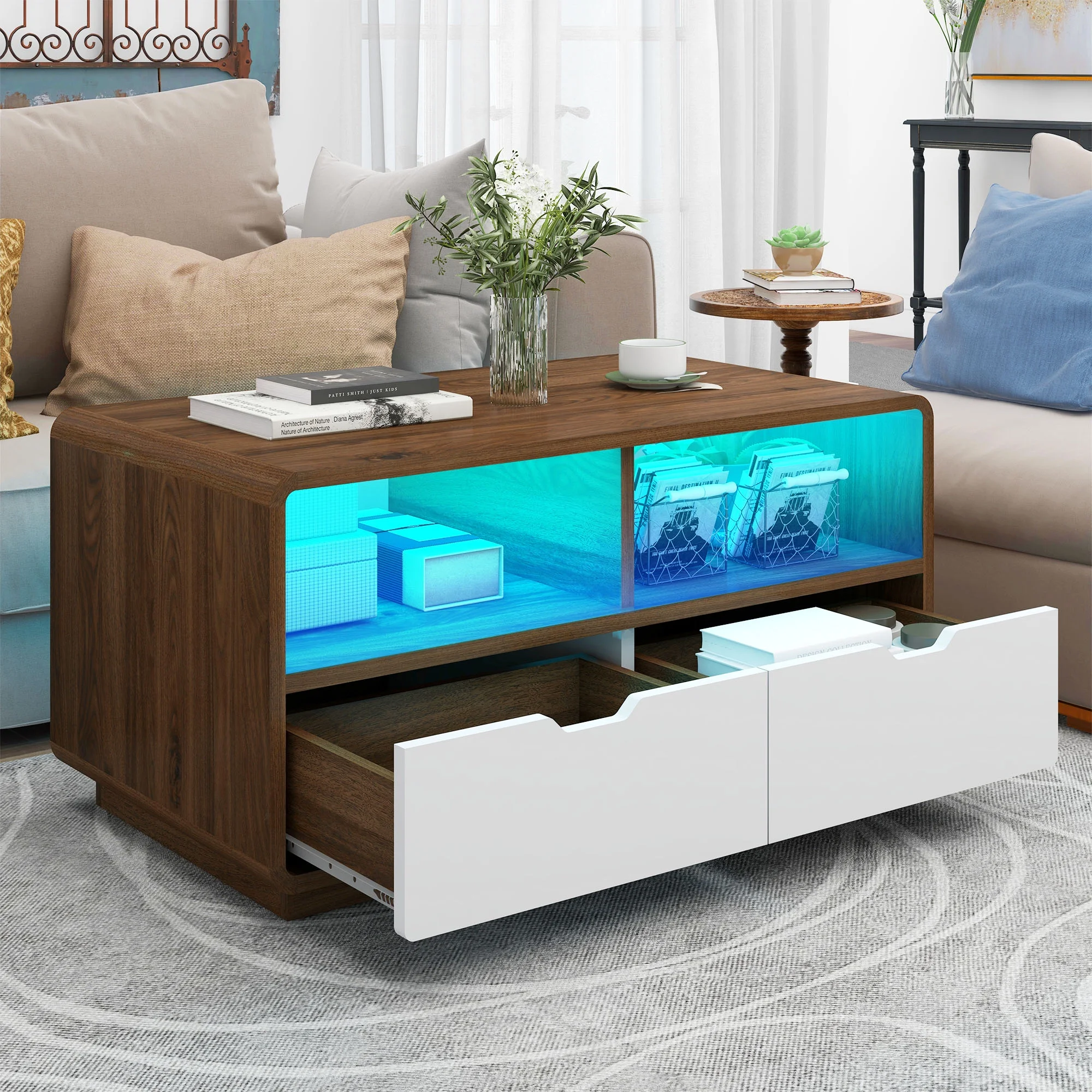Dextrus LED Coffee Table with Storage Drawers, Modern Living Room Table, White and Walnut