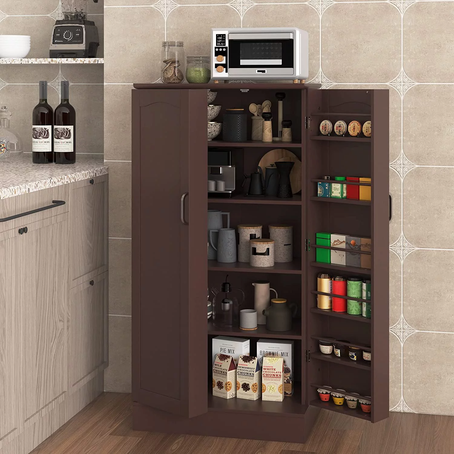 47” Pantry Cabinet, Kitchen Pantry Storage Cabinet with Doors & Adjustable Shelves, Brown Freestanding Buffet Cupboards Sideboard for Living Room and Dinning Room, Sturdy and Durable