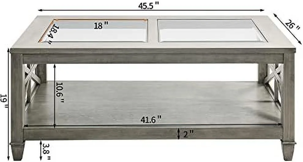 TJUNBOLIFE Farmhouse Coffee Tables for Living Room  Grey Coffee Tables Rustic Solid Wood Coffee Table  Glass Cocktail Table Center Table  45.5"x26"x19"  Antique Grey KFZ-1318-