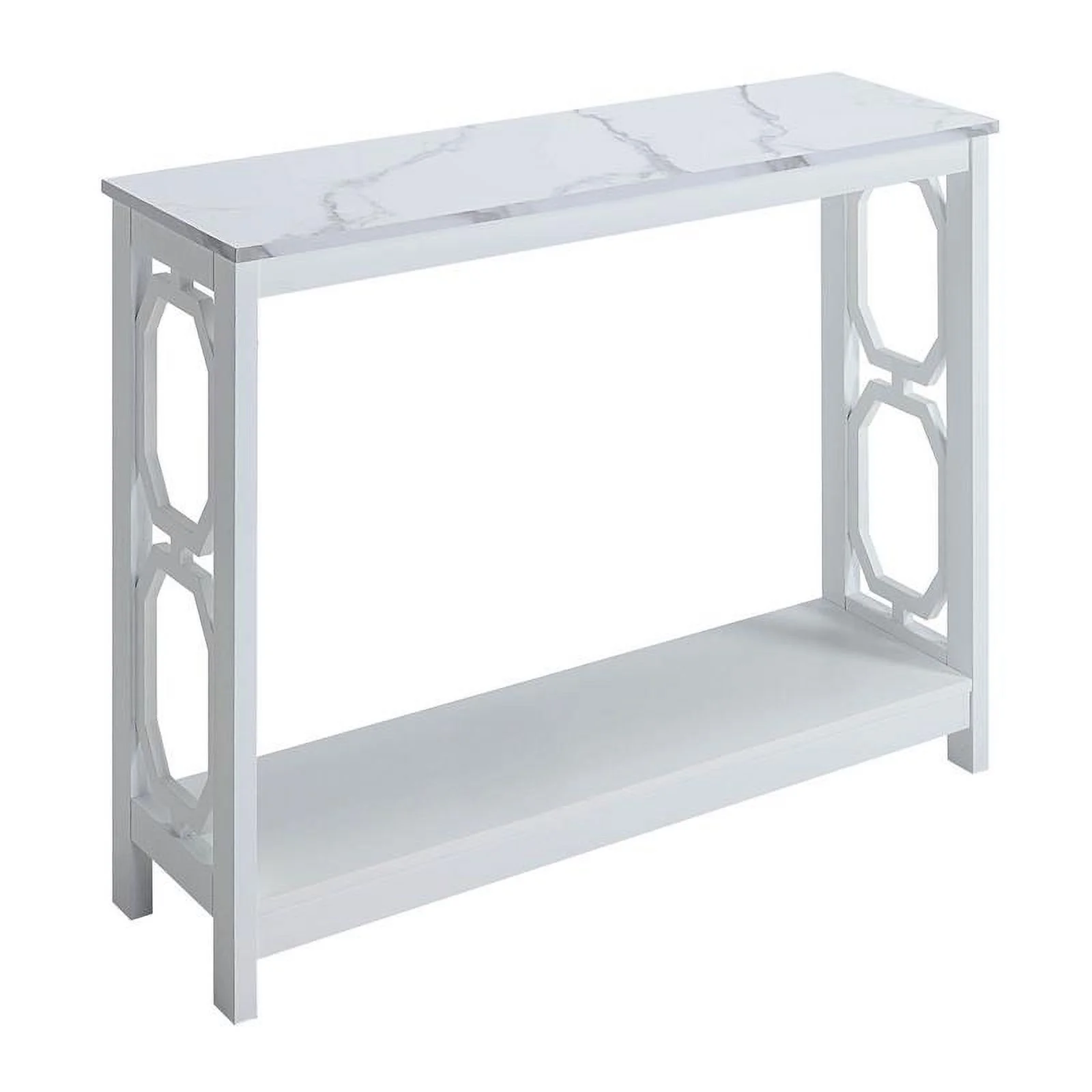 Pemberly Row Console Table with Shelf with White Faux Marble & White Wood Finish