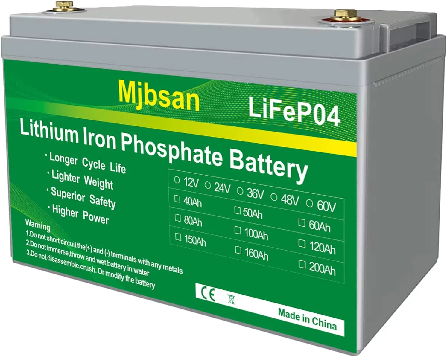 Mjbsan LiFePO4 12V 100AH Battery 3000~7000 Deep Cycle Low Temperature Protection High Capacity Rechargeable LiFePO4 Battery with BMS for RV, Camper, Marine, Land, Van, Solar, Outdoor Power
