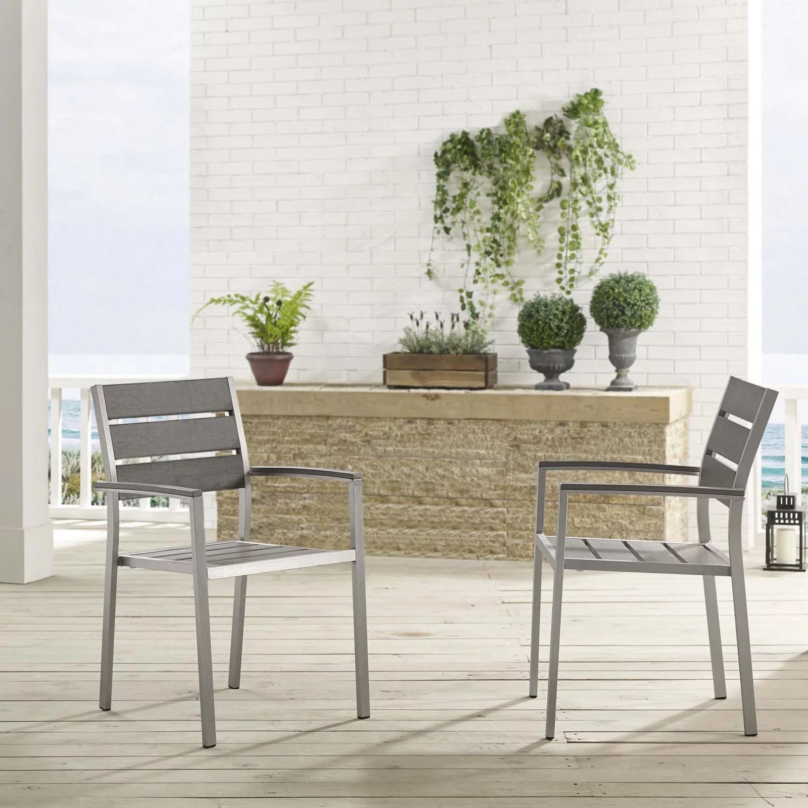 Side Dining Chair Armchair, Set of 2, Aluminum, Metal, Steel, Silver Grey Gray, Modern Contemporary Urban Design, Outdoor Patio Balcony Cafe Bistro Garden Furniture Hotel Hospitality