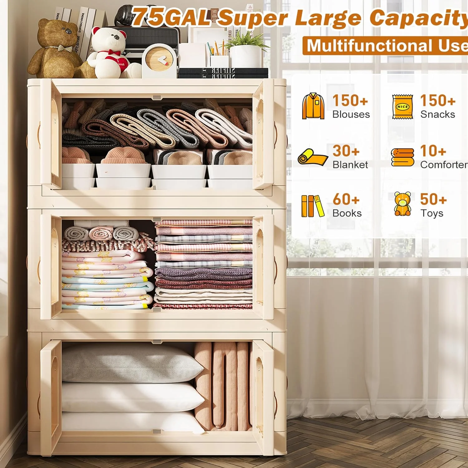 75GAL Storage Bins with Lids,Stackable Storage Bins with Wheels Large Plastic Storage Bins with Lids Collapsible Storage Bin for Closet Organizers Storage Containers Box for Bedroom Office 3PC