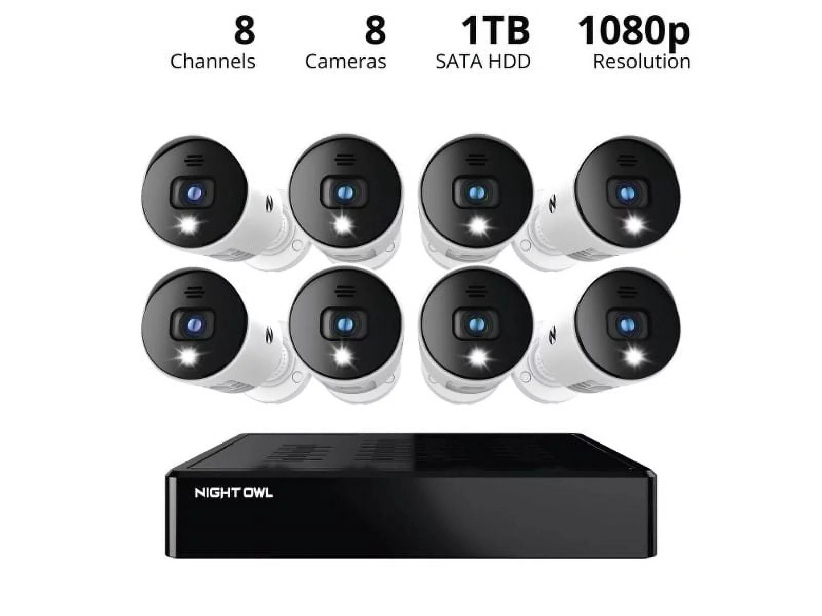 Night Owl CL-BT2D-8-18LSA Expandable 8 Channel Wired Bluetooth DVR with (8) Wired 1080p HD Light Cameras with Audio and 1TB Hard Drive