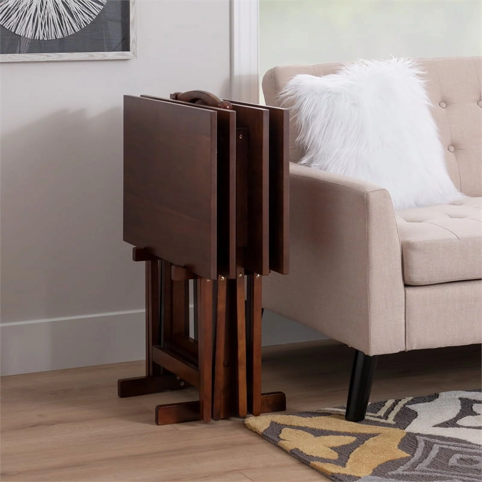 Pemberly Row Transitional Solid Wood Five Piece Tray Table Set in Hazelnut Brown