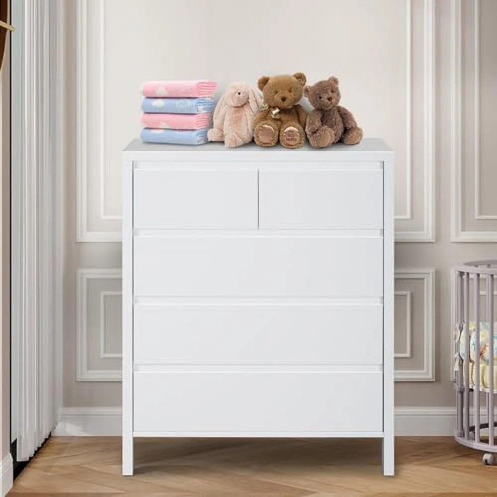 HOOMHIBIU White 5 Drawer Dresser Bedroom Dresser with Wide Drawers  Double Dresser for Bedroom  Wood Chest of Drawers for Bedroom  Living Room Hallway