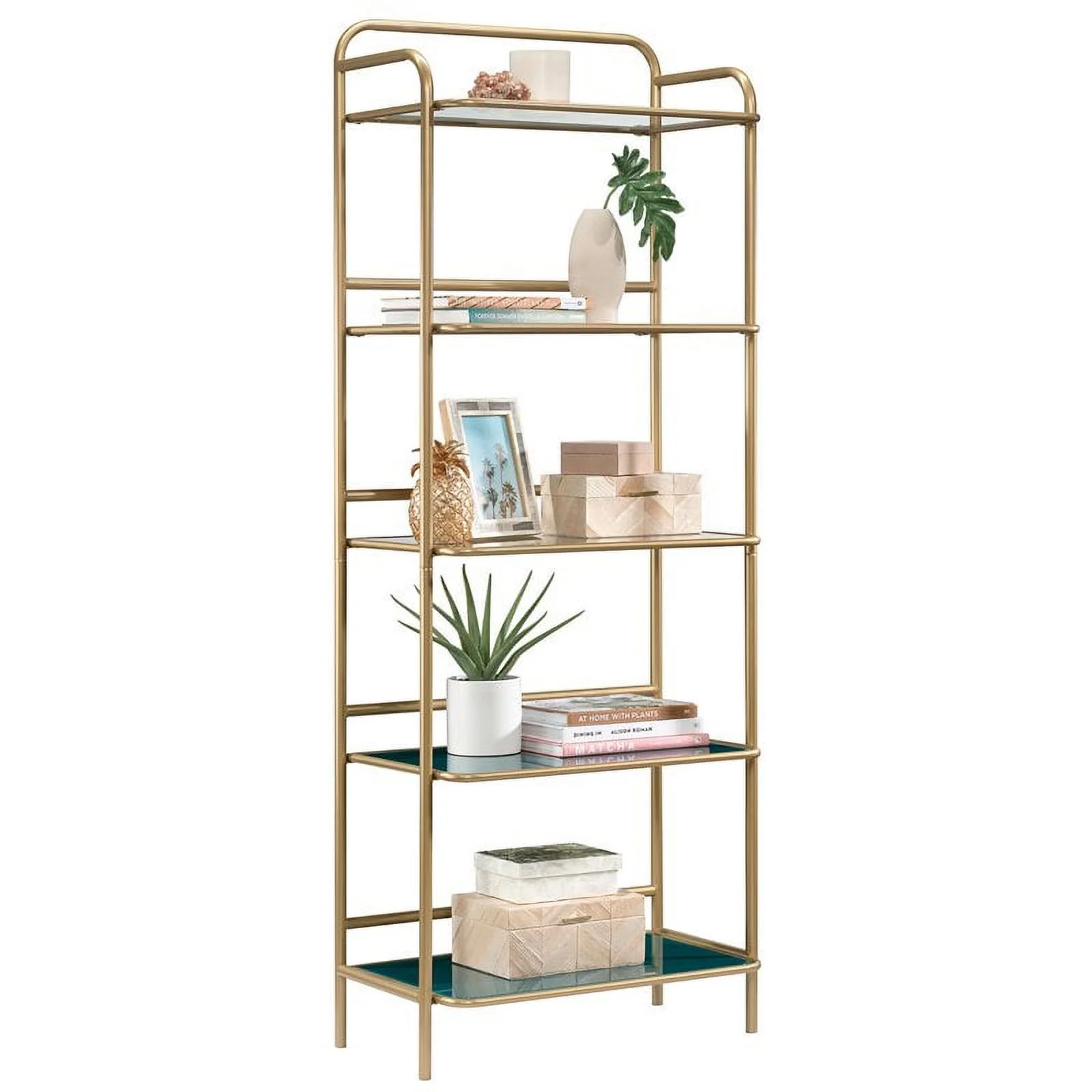 Pemberly Row 5-Shelf Modern Glass and Metal Bookcase in Gold