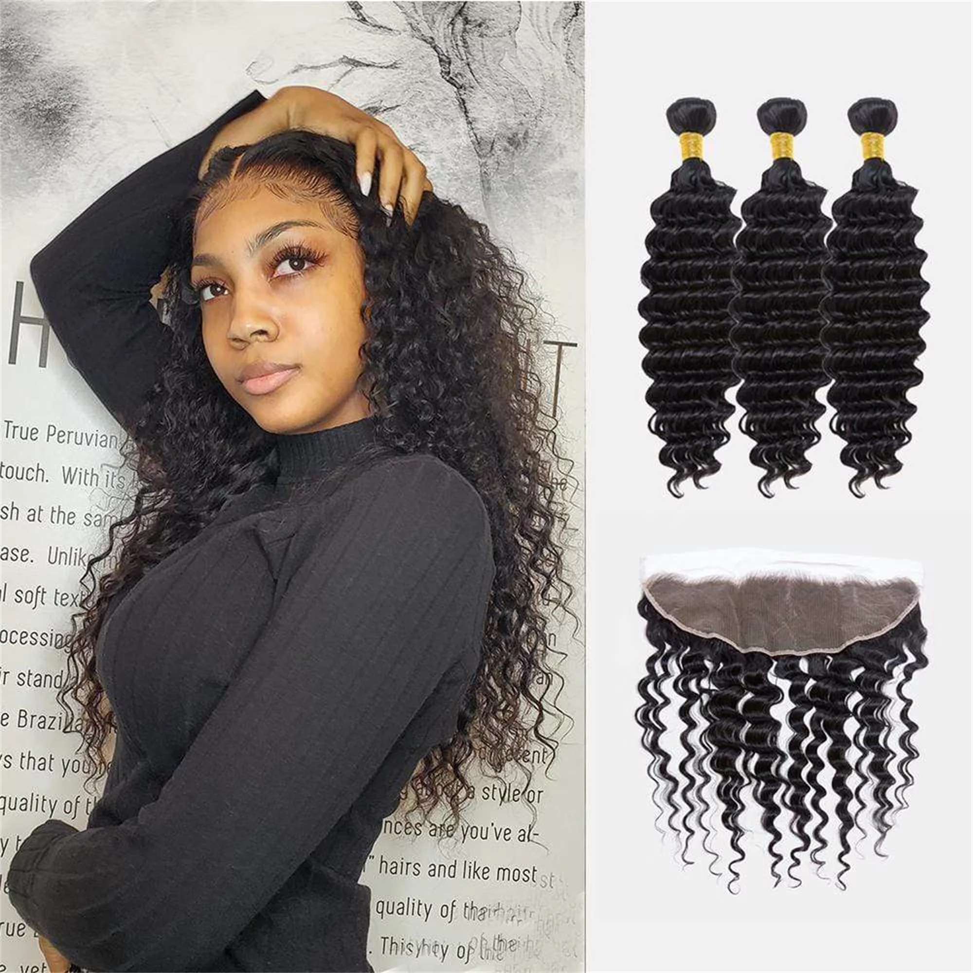 Beauhair 10A Brazilian Deep Wave Human Hair 3 Bundles With 13×4 HD Lace Frontal Human Hair Natural Color 12