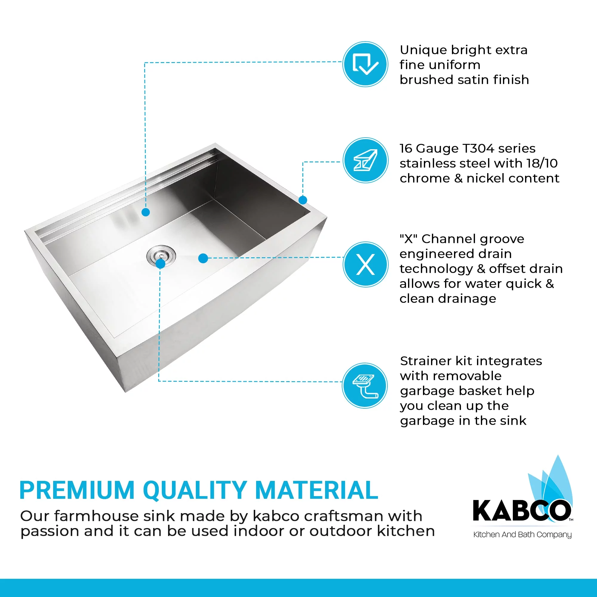 KBFmore 33 inch 16 Gauge Apron Front Farmhouse Single Bowl Undermount Stainless Steel Kitchen Sink, Set of  6