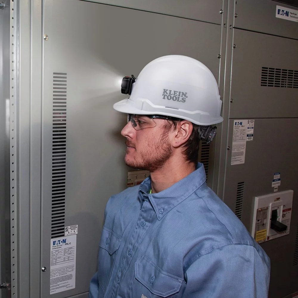 Klein Tools 60107RL Non-Vented Cap Style Hard Hat with Rechargeable Headlamp - White