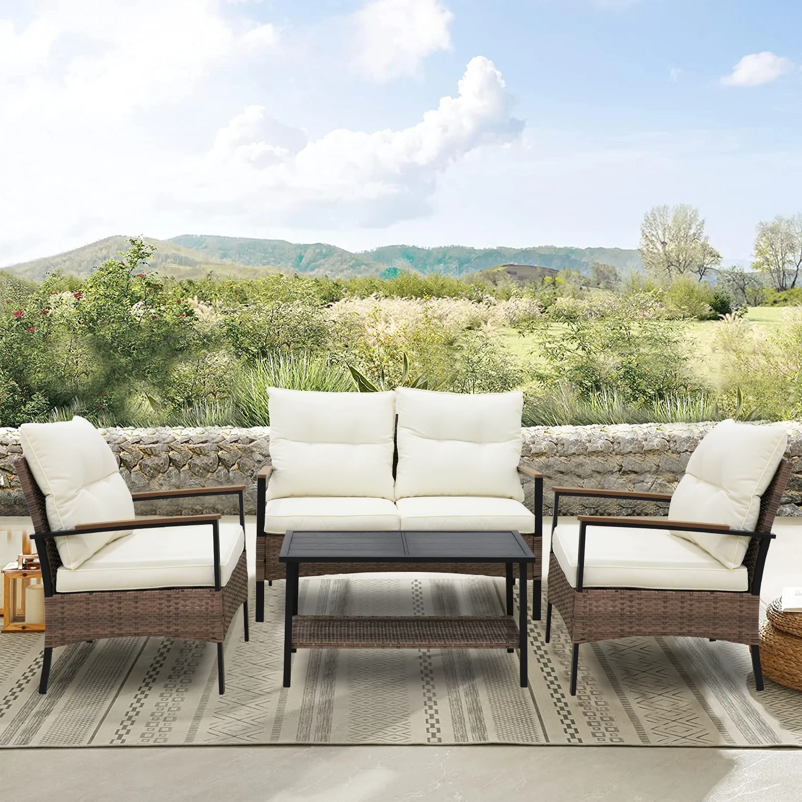 INTER HUT 4 Piece Patio Rattan Conversation Set Outdoor Wicker Loveseat Sofa Set with Beige Cushioned and 2-Tier Table